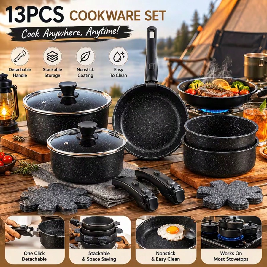 Camping Cooking Set Detachable Handle - Premium 13-delige antiaanbak kookset met afneembare